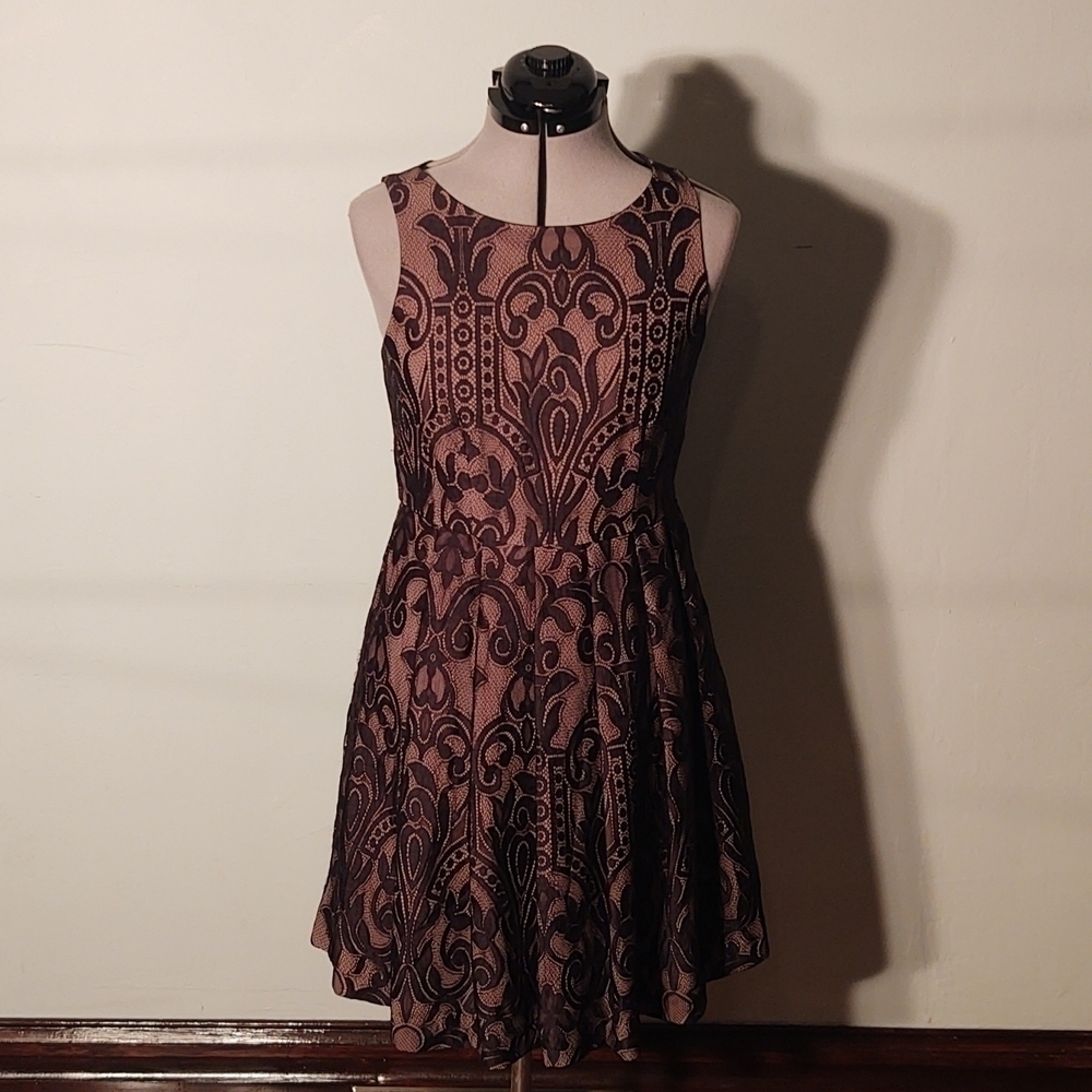 Eva Franco Black Lace with Nude Lining Pleated Knee Length Dress Sz 6